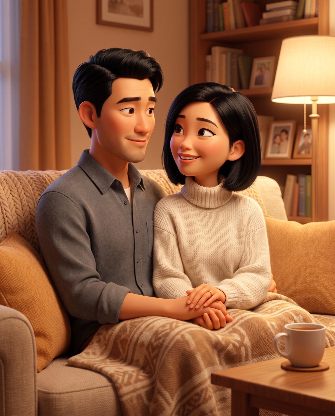 An illustrated couple sitting close together on a couch