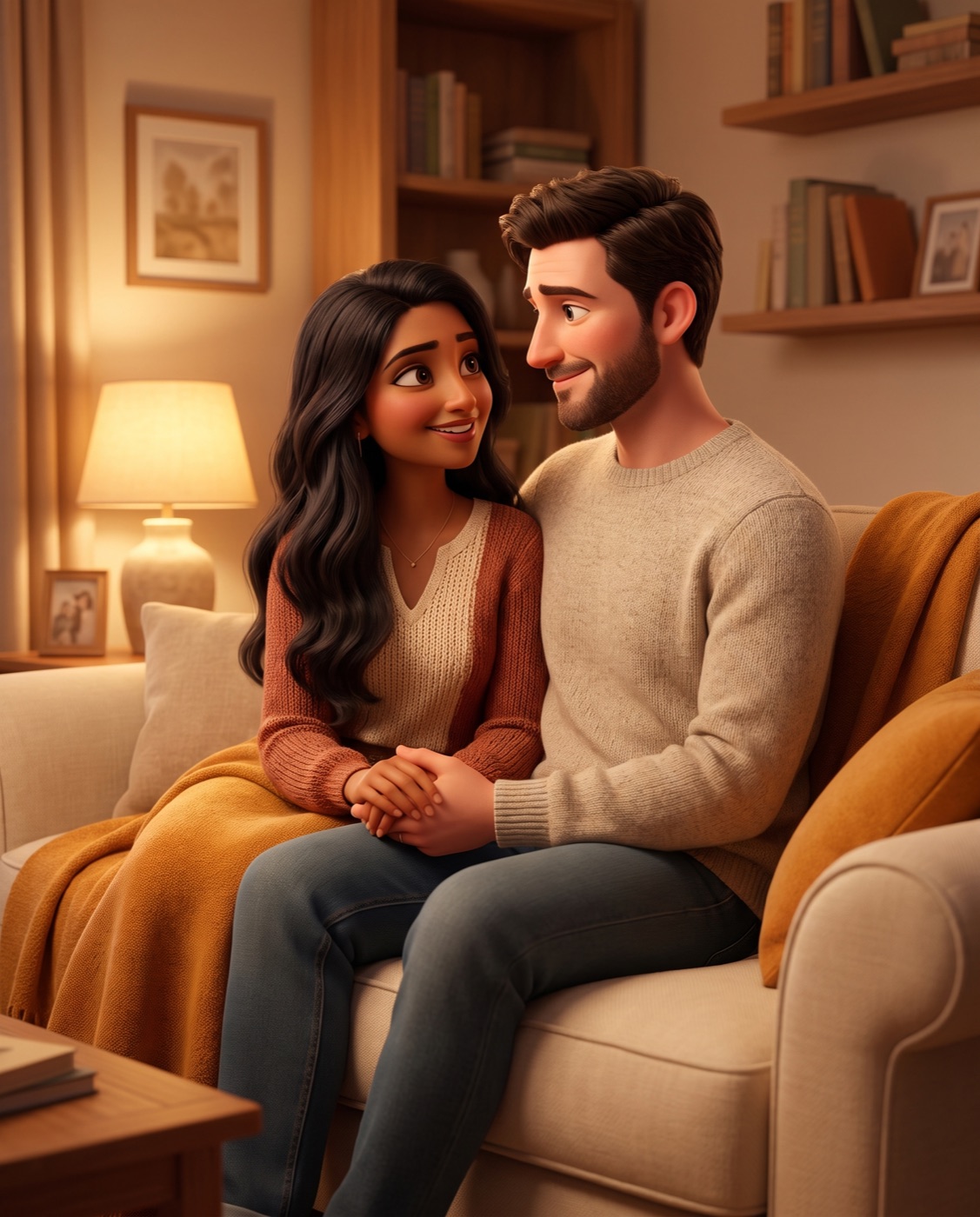An illustrated couple relaxing together in a warm living room
